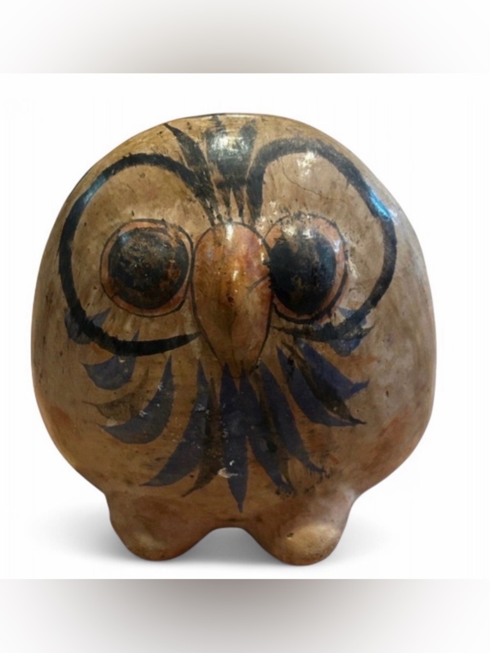 Vintage MCM Hand Painted Folk Art Pottery Owl Figure, Collectible Bird Figurine